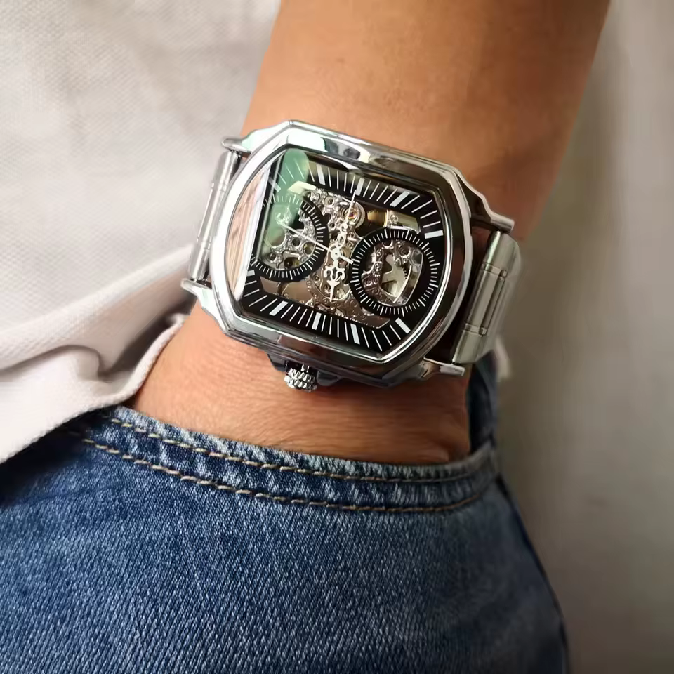 Montres pour hommes en acier inoxydable, automatiques, mécaniques, militaires, squelette, steampunk, carrées, Relogio Masculino 2026