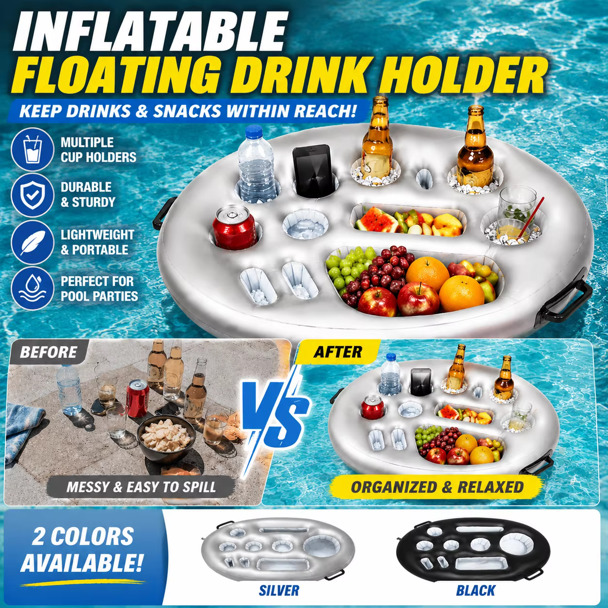 Plateau flottant gonflable pour piscine avec compartiments pour boissons