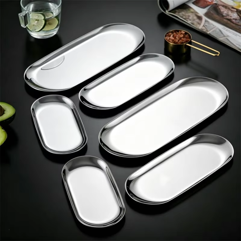Plateau en acier inoxydable, porte-serviettes, plateau ovale, rangement pour bijoux de salle à manger, petit plateau plat plaqué or, plateau de rangement vintage