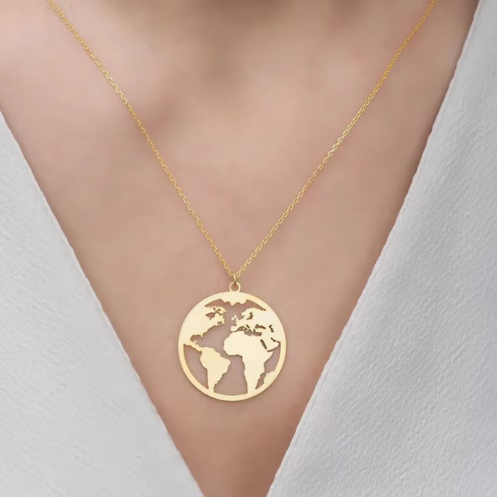Collier en acier inoxydable avec pendentif carte du monde, breloque Globe, bijoux Boho pour femmes, tour de terre Wanderlust, cadeaux de voyage