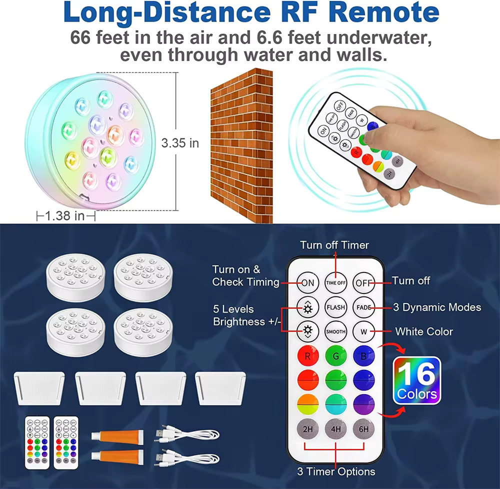 Nouveau USB Rechargeable piscine lumière LED étanche RGB RF télécommande