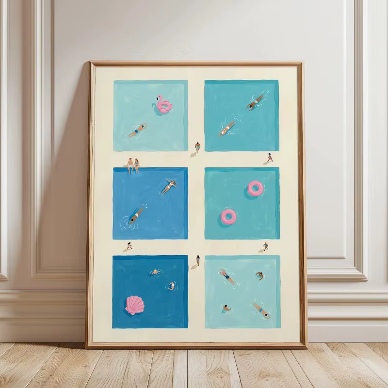 Impression sur toile amusante pour piscine d'été, décoration murale côtière turquoise, vue aérienne rétro, nageurs, art aquatique bleu, scène au bord de la piscine