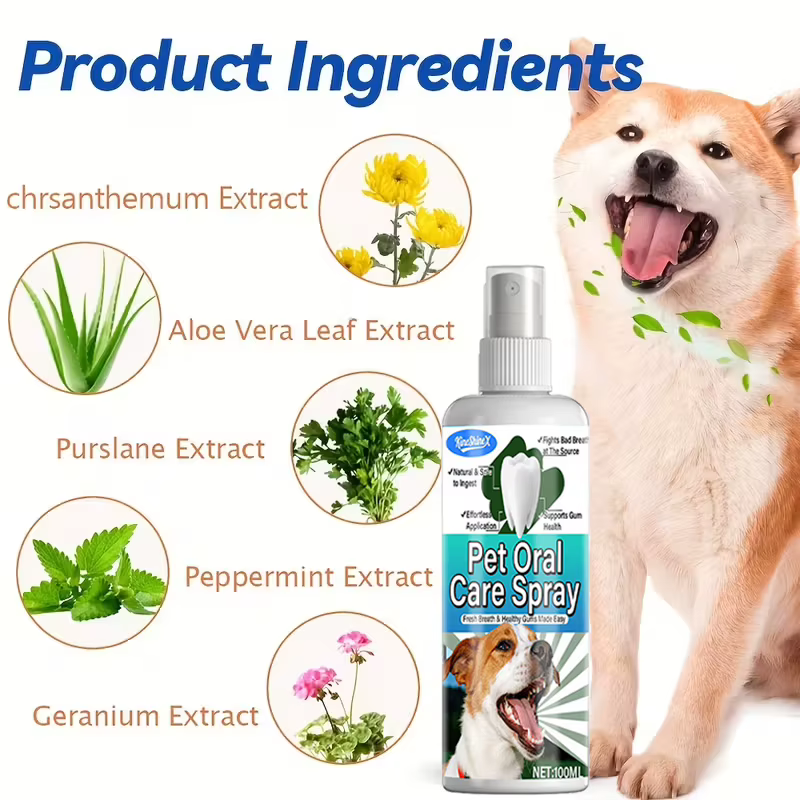 Spray dentaire de soins bucco-dentaires pour animaux de compagnie, éliminateur instantané de mauvaise haleine, avec ingrédients naturels, sans danger pour le nettoyage des dents des chiens et des anim