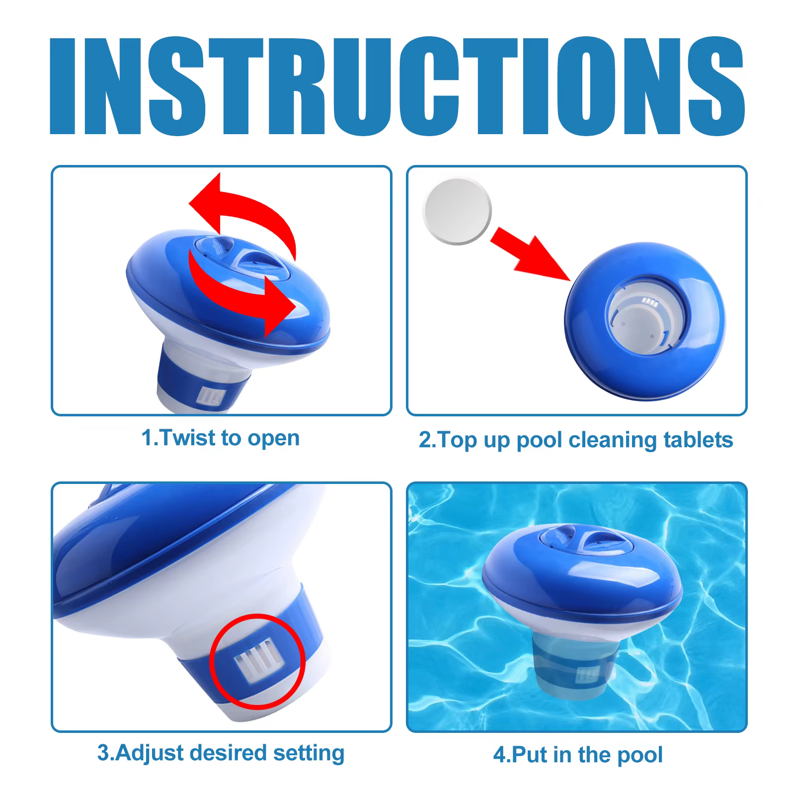 Distributeur de chlore flottant pour piscine avec aérations à débit réglable