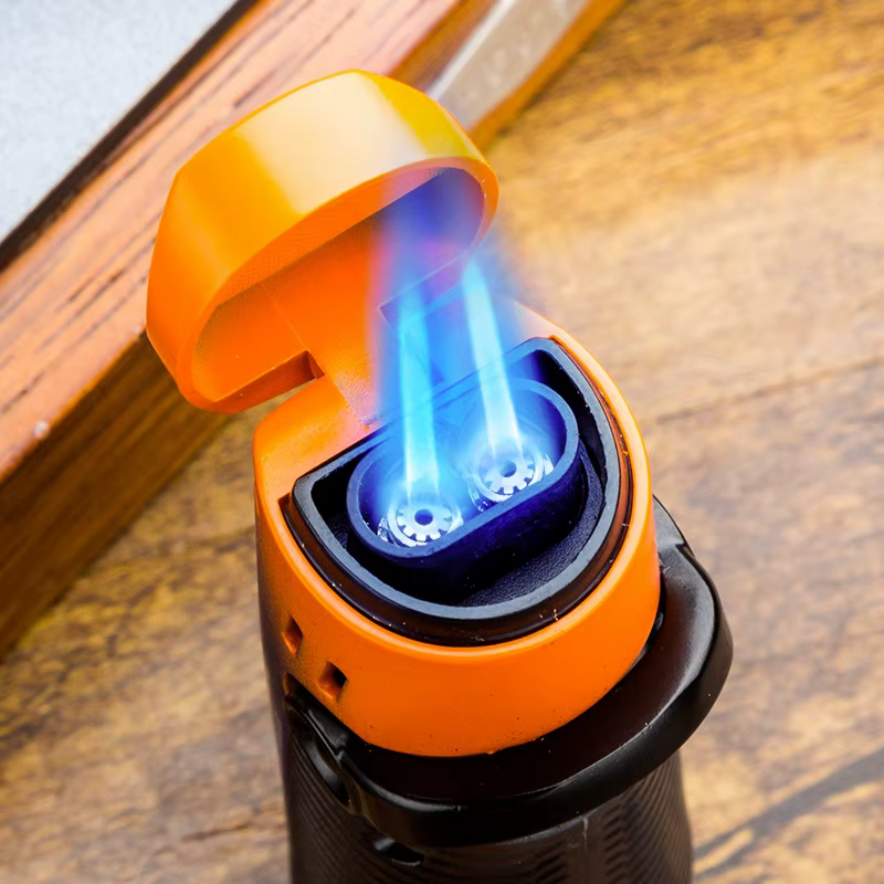 Allume-cigare avec porte-cigarette, briquet en plastique butane portable coupe-vent à double jet droit à flamme bleue