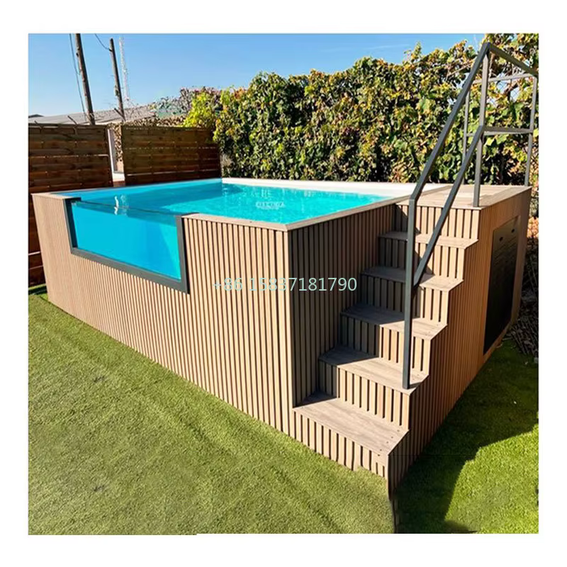 Piscine familiale hors-sol en fibre de verre transparente avec fenêtre en verre, aire de jeux aquatique en bois, pour extérieur, prix