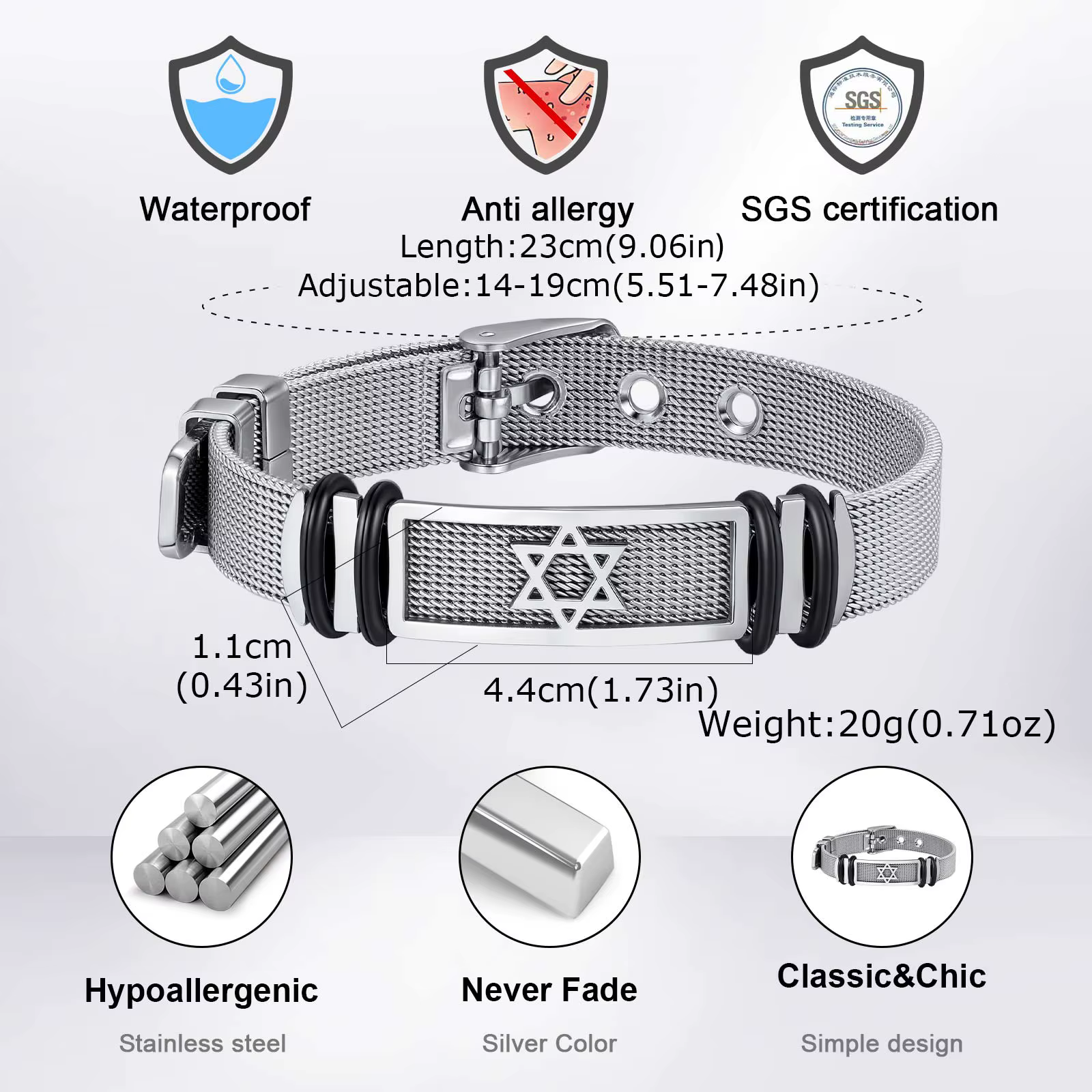 Bracelet de montre simple fait à la main pour hommes et femmes, en acier inoxydable, bracelet étoile à six branches, bijoux de mode, vente en gros
