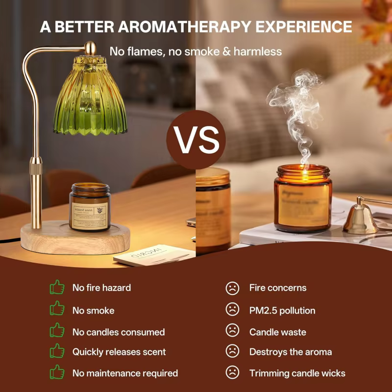 Lampe chauffe-bougie avec minuterie et variateur d'intensité, base en bois rétro, abat-jour en verre, lumière chauffante pour bougie, ambiance chaleureuse, décoration pour la maison et les fêtes