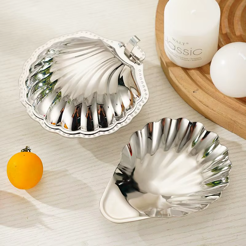 Assiette en acier inoxydable en forme de coquille, plat en métal pour fromage, Dessert, assiette de rangement de bijoux, plateau en métal, boîte à savon, décoration de Table