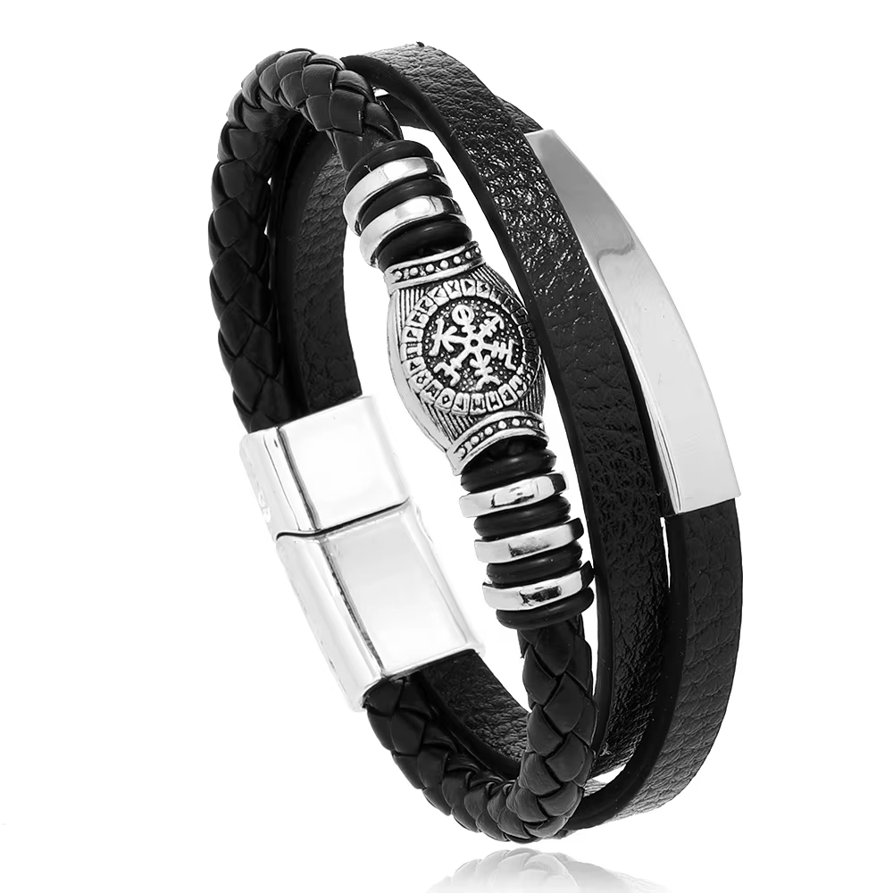 Bracelets en cuir tendance pour hommes, en acier inoxydable, corde tressée multicouche de 21CM, bijoux cadeaux