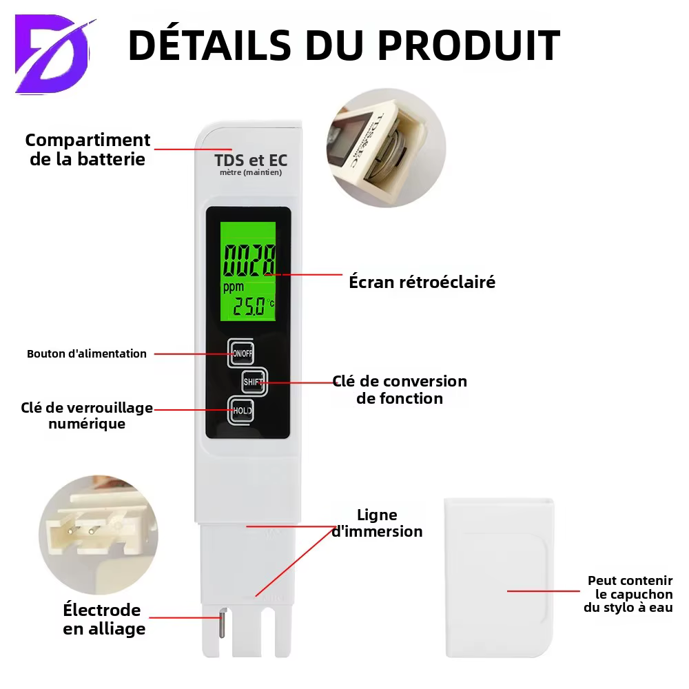 Testeur d'eau numérique 3-en-1 TDS EC avec écran LCD rétroéclairé pour l'analyse de la qualité de l'eau potable