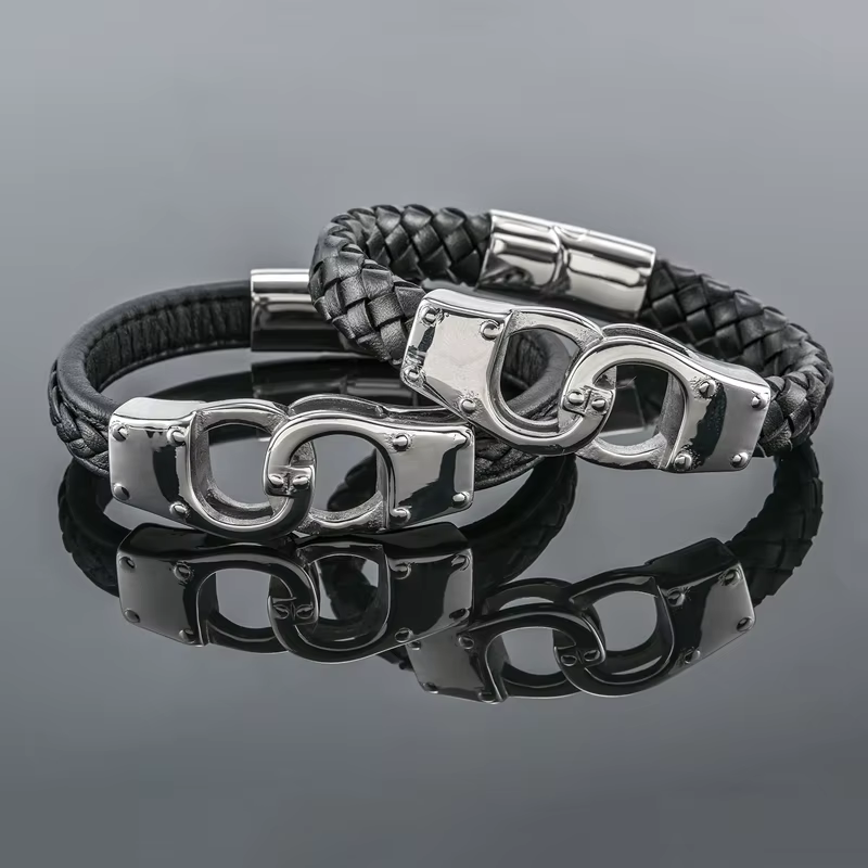 Bracelet menottes pour hommes, en acier inoxydable de haute qualité, en cuir véritable, pour Couple, Unique, Bijoux, cadeau pour lui