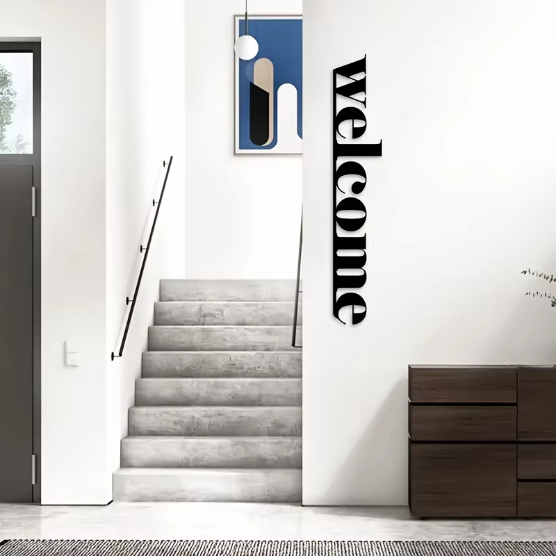 Une élégante décoration de porte d'entrée moderne en métal « Bienvenue », une œuvre d'art murale en fer élégante, idéale pour l'entrée.