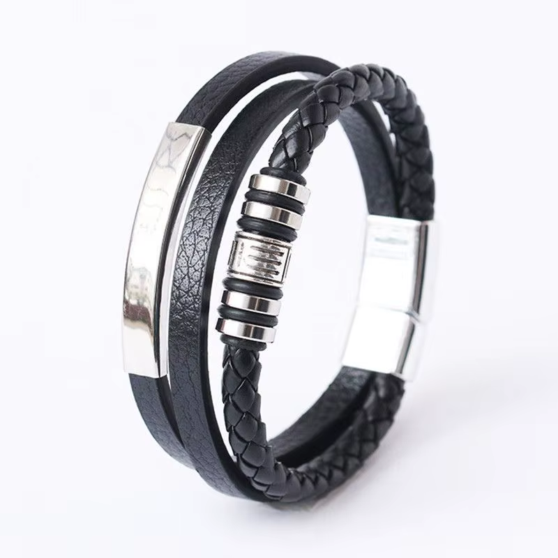 Bracelets en cuir tendance pour hommes, en acier inoxydable, corde tressée multicouche de 21CM, bijoux cadeaux