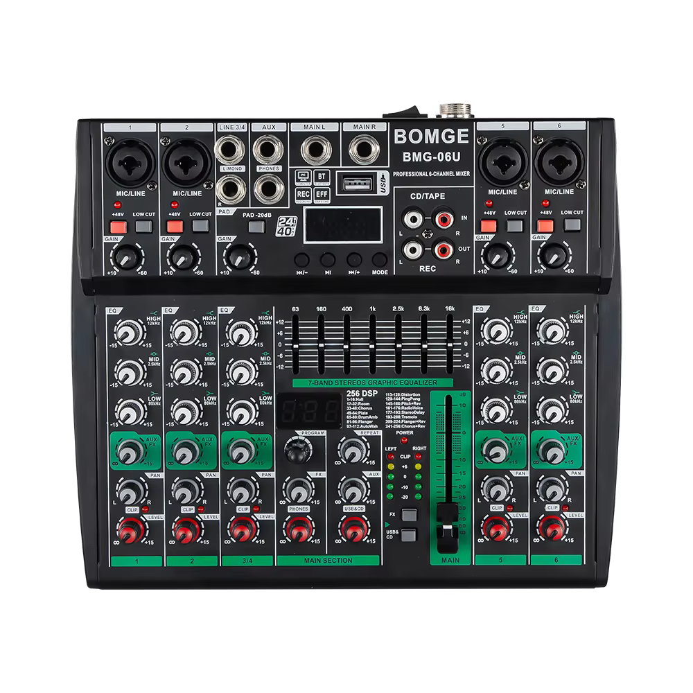 BOMGE Nouveau modèle de mixage compact, 256 DSP, avec EQ Master EQ 7 bandes, conception de châssis entièrement métallique, peut fonctionner avec 4, 6, 8 canaux.