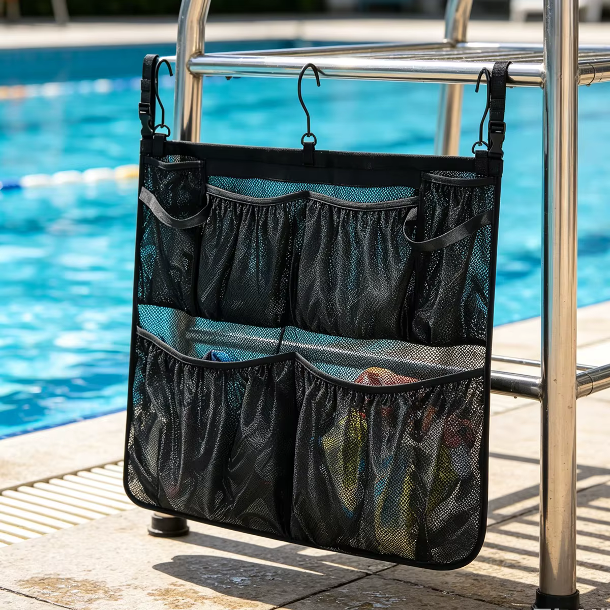 Sac de rangement suspendu en maille pour piscine