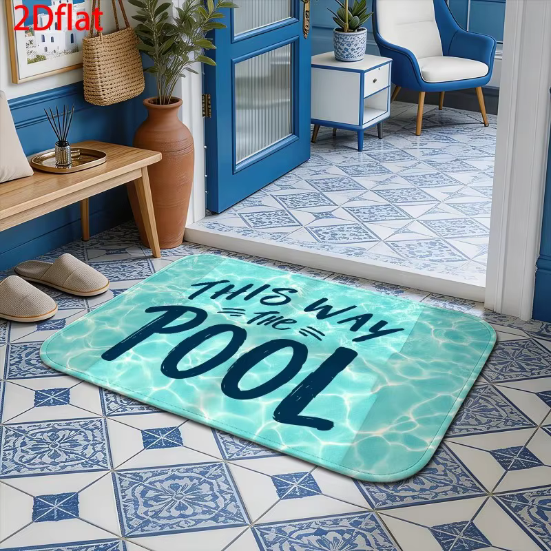 Tapis d'entrée antidérapant avec motif aquatique et lettrage « This Way To Pool » pour intérieur et extérieur