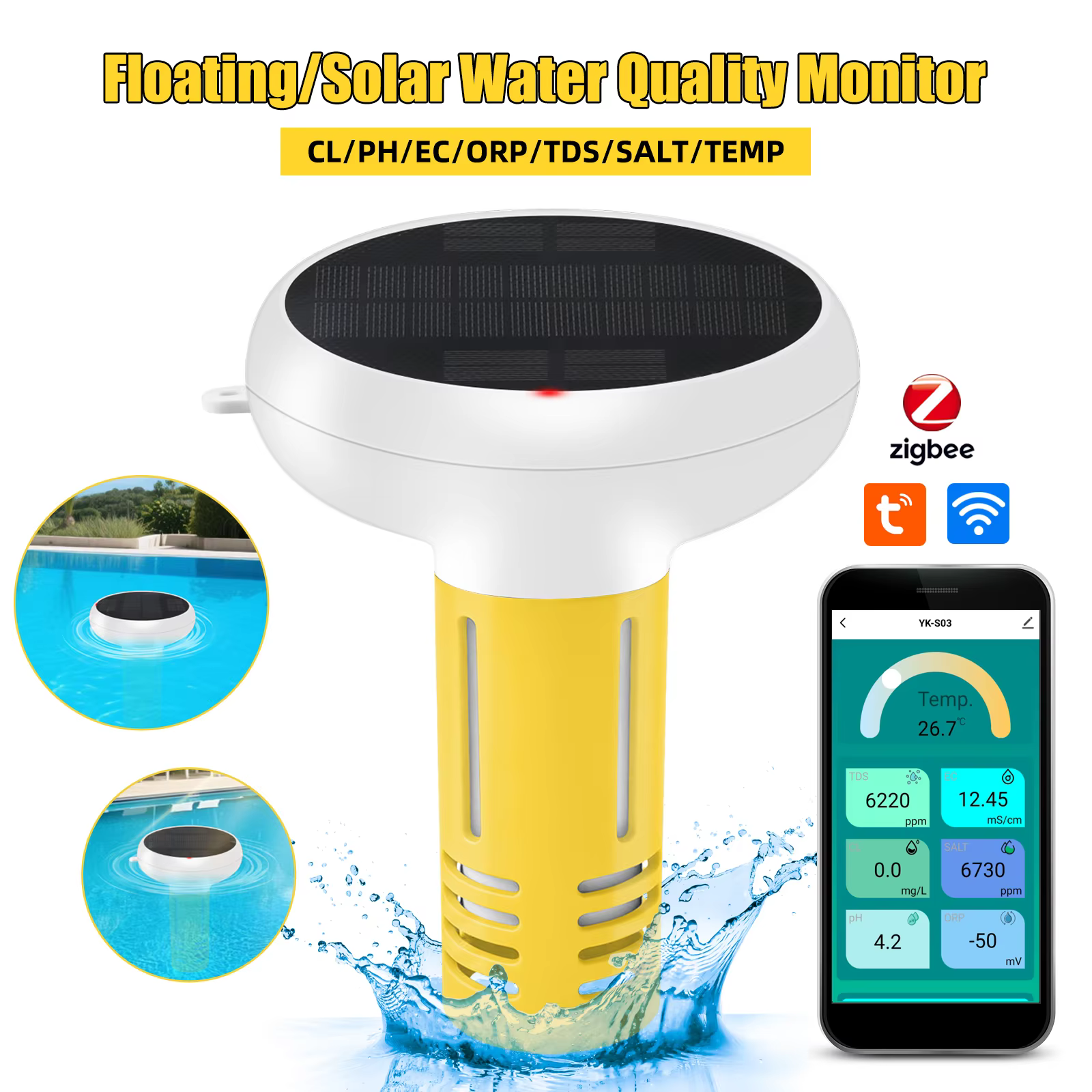 Testeur de qualité de l'eau solaire Tuya Zigbee 7 en 1 pour piscine : PH