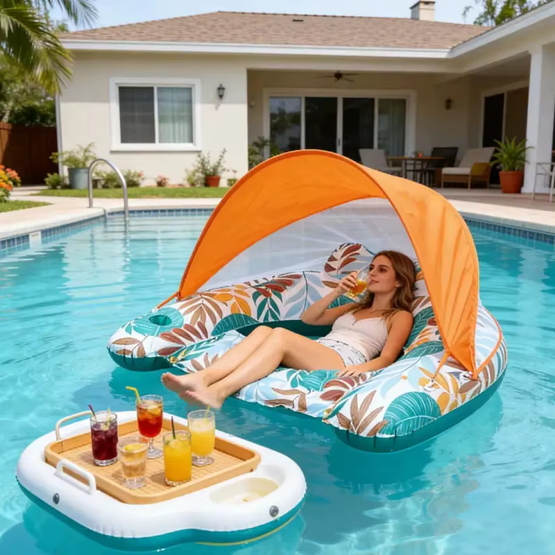 Chaise longue flottante gonflable avec auvent