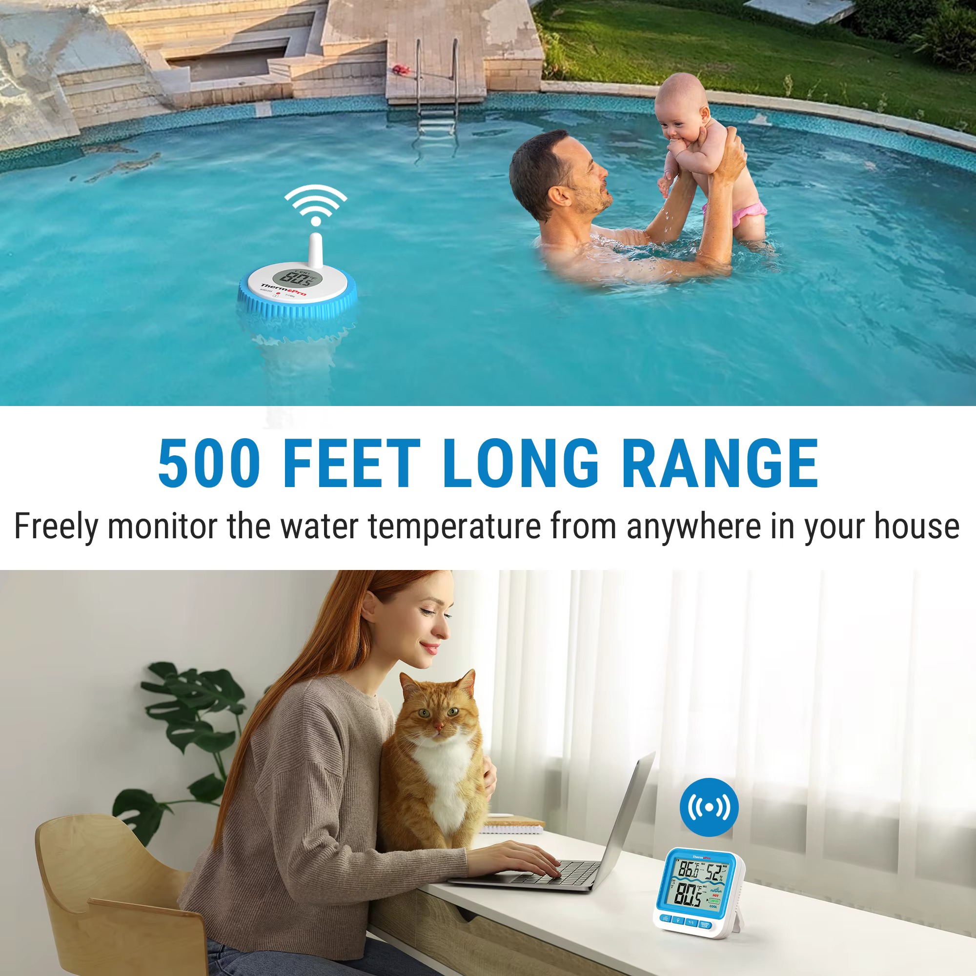 Thermopro TP211B Thermomètre de piscine sans fil de 500 pieds avec écran de lecture facile