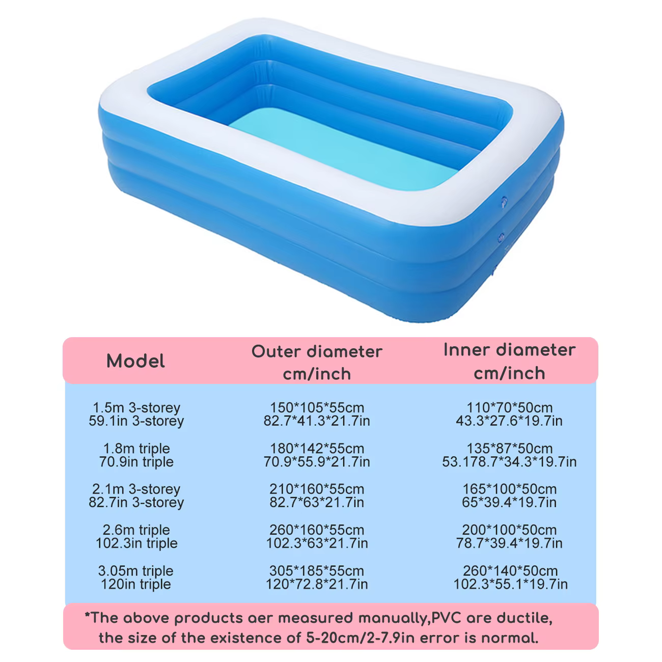 Piscine familiale gonflable rectangulaire bleue 1 pièce