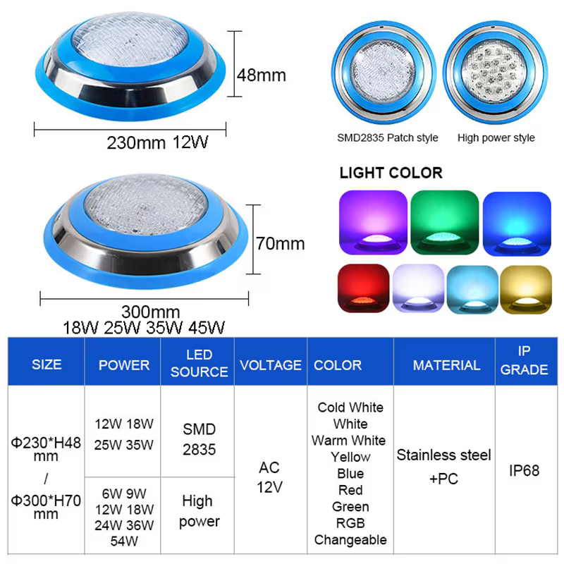 Lampes de piscine en acier inoxydable RGB 12V 12W 18W 25W 35W 45W