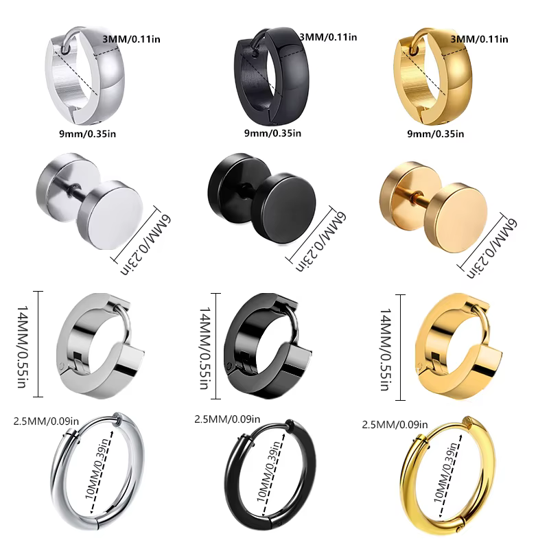 Boucles d'oreilles unisexes en acier inoxydable, 1 paire, plusieurs Types, couleur noir or, pour femmes et hommes, Punk gothique, Piercing, fausses boucles d'oreilles, bijoux