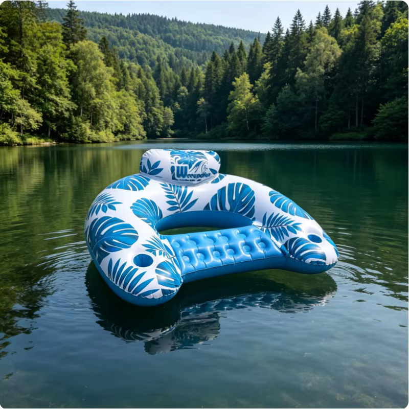 Transat gonflable en forme de feuilles tropicales avec appui-tête et porte-gobelets