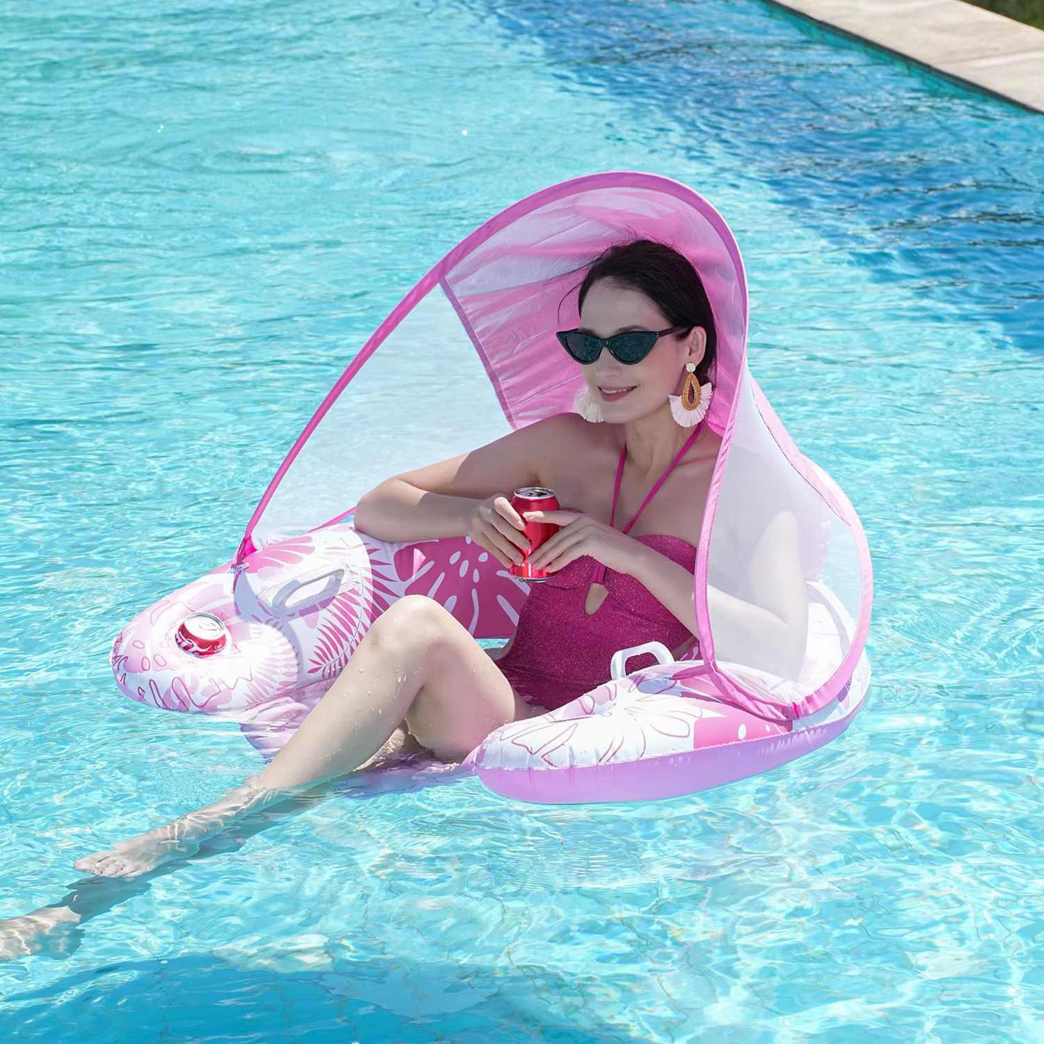 1 flotteur de piscine gonflable recouvert de tissu pour adulte avec auvent pare-soleil UPF50+ et porte-gobelets