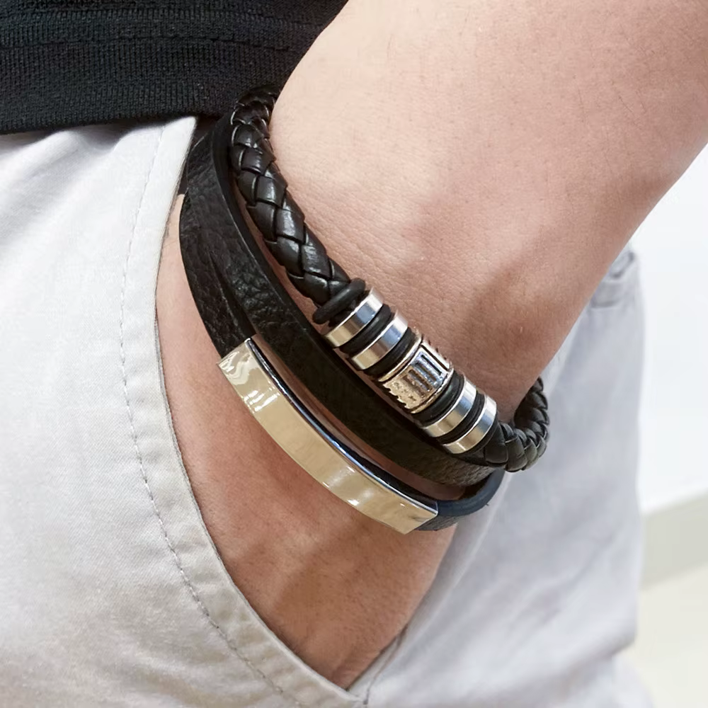 Bracelets en cuir tendance pour hommes, en acier inoxydable, corde tressée multicouche de 21CM, bijoux cadeaux