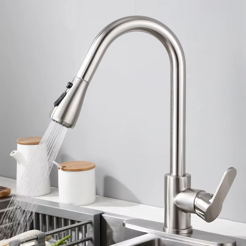 Robinet de cuisine en acier inoxydable 304, mitigeur extractible pour évier, avec douchette pulvérisatrice, eau chaude et froide, à poser sur comptoir