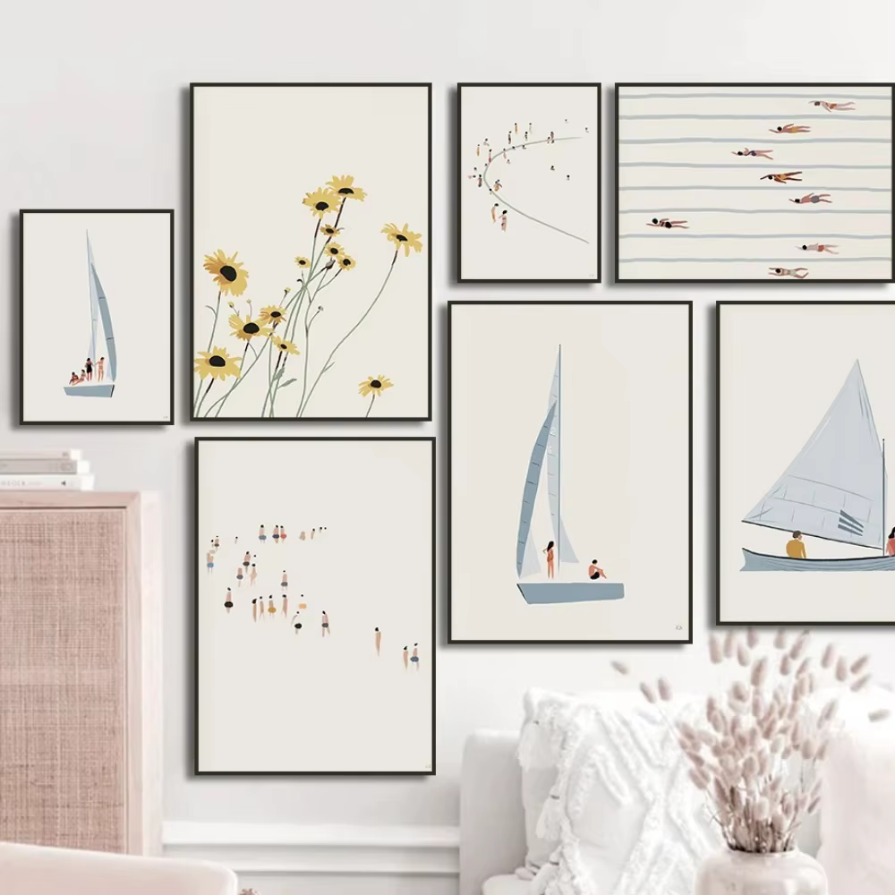 Peinture sur toile murale minimaliste de voilier, piscine, océan et fleurs, affiches et images murales pour la décoration du salon