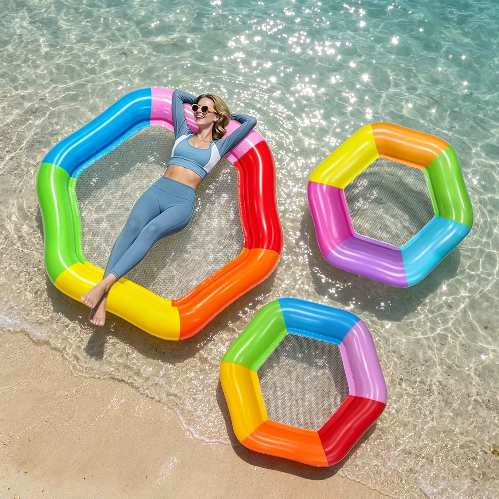 Flotteur gonflable hexagonal arc-en-ciel pour adultes avec siège en maille