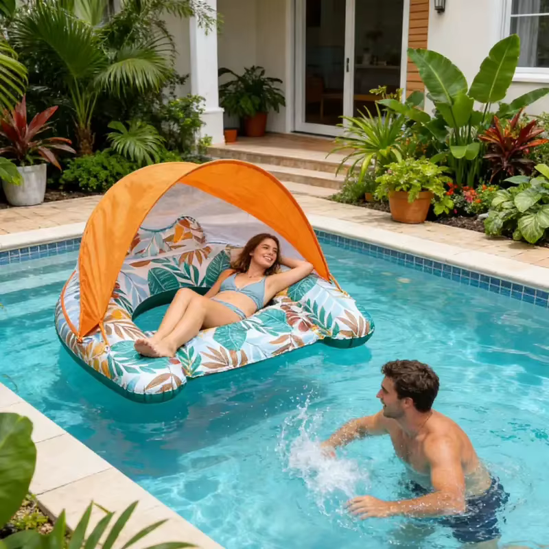 Chaise longue flottante gonflable avec auvent