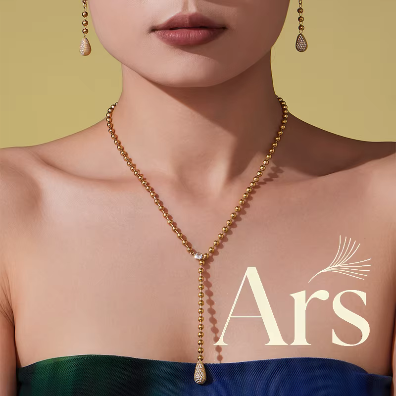 Collier en Y en acier inoxydable pour femmes, plaqué or 18 carats, chaîne de perles incrustée de gouttelettes de Zircon, pendentif, boucles d'oreilles assorties