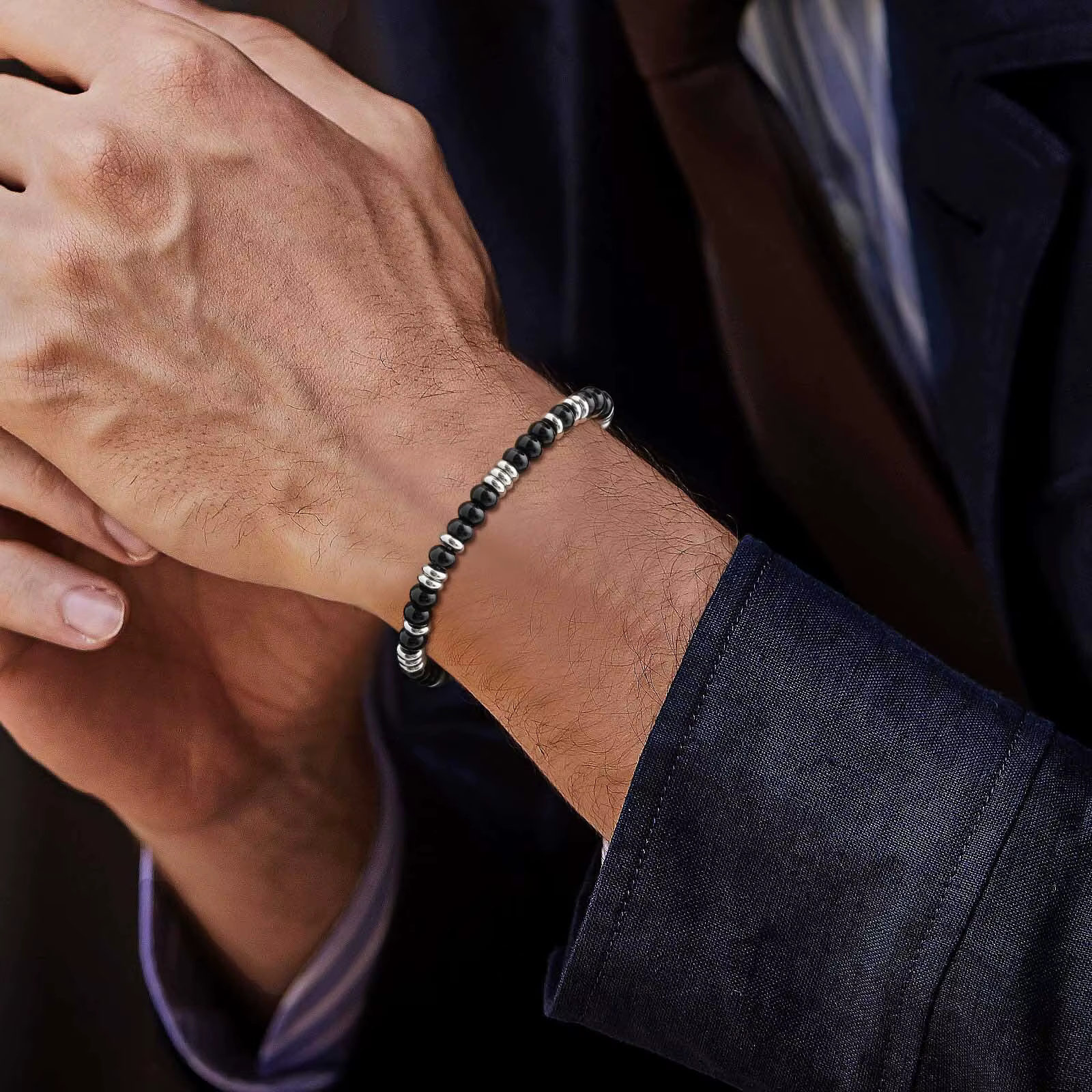Bracelets de perles en métal pour hommes et garçons, Bracelets de perles en acier inoxydable avec perles naturelles, cadeaux de bijoux décontractés