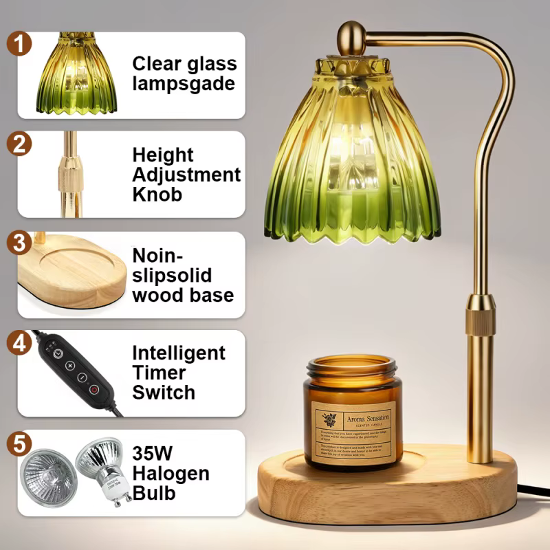 Lampe chauffe-bougie avec minuterie et variateur d'intensité, base en bois rétro, abat-jour en verre, lumière chauffante pour bougie, ambiance chaleureuse, décoration pour la maison et les fêtes