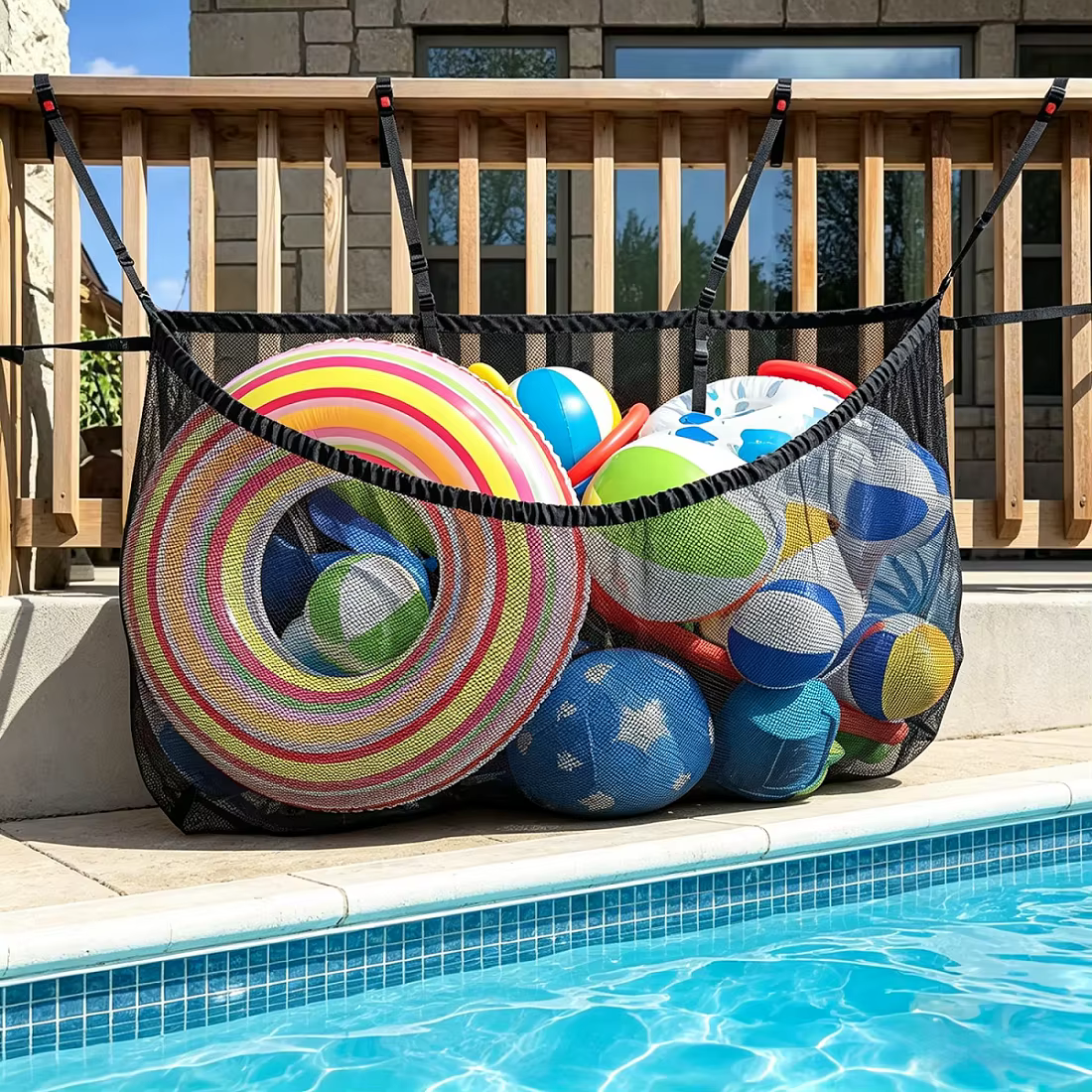 Sac de rangement en filet pour piscine extérieure
