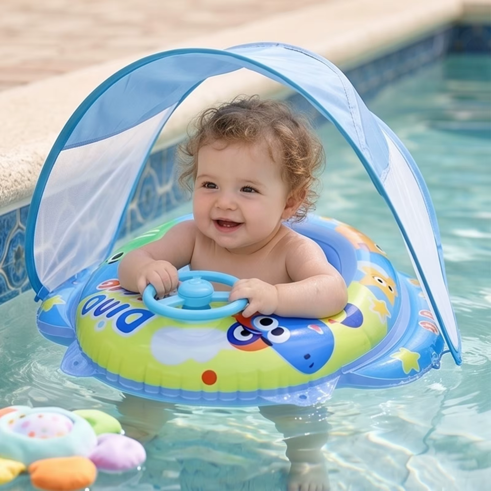Piscine gonflable pour bébé en PVC amélioré avec auvent et siège anti-basculement avec volant